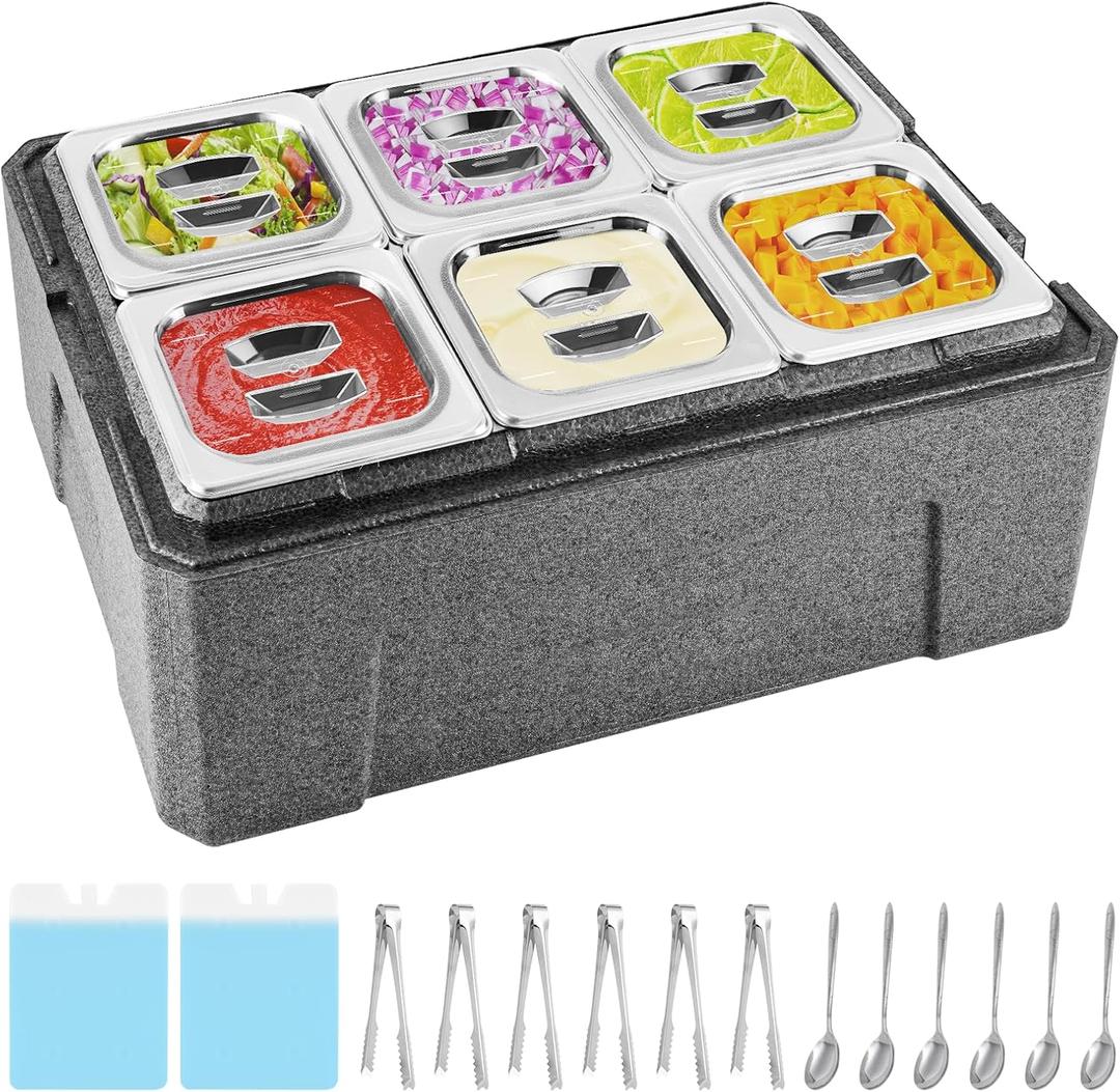 Insulated Cold Food Buffet Ice Serving Trays 6 Lids 6 Pans 2 Ice Packs Insulation Box Cooled Condiment Serving Container Ice Platter Food Cooler for Parties Buffets Fruit Market