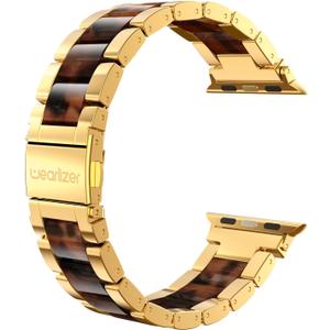 Wearlizer Tortoise Resin Compatible with Apple Watch Bands 38/40/41/42mm Womens, Wristbands Gold Stainless Steel Replacement Classic Strap Metal iWatch Series 11 10 9 8 7 6 5 4 3 SE/Ultra 3 2 1