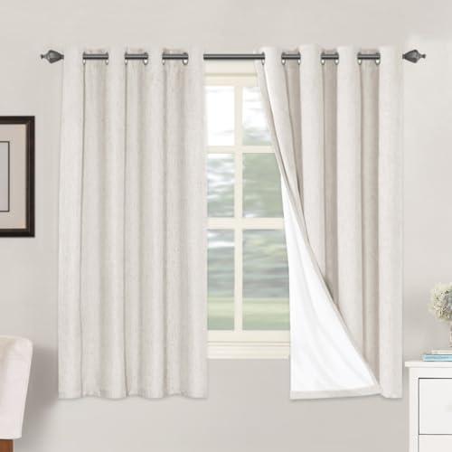 H.VERSAILTEX Linen Blackout Curtains 63 Inches Long 100% Absolutely Blackout Thermal Insulated Textured Linen Look Curtain Draperies Anti-Rust Grommet, Energy Saving with White Liner, 2 Panels, Ivory