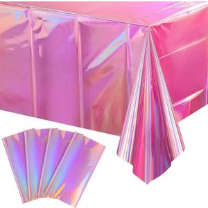 4 Pack Iridescent Pink Plastic Tablecloths, FunnyPars Shiny Disposable Laser Rectangle Table Covers, Holographic Foil Tablecloth Iridescent Party Decorations for Kpop Birthday Wedding Xmas, 54x108Inch