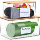 2 Pack Trash Bag Holder Dispenser,Plastic Garbage Bag Dispenser with Bamboo Top,Organization and Storage Under Sink Stackable for Kitchen,Pantry,Laundry Room,Cabinet,Grocery,Fruits,Vegetables (Clear)