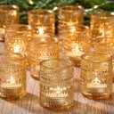 24 Pack Clear Glass Votive Candle Holders, Vintage Candle Holder for Floating Candle, Tealight Candle Holder for Table Centerpieces Home Bridal Shower Birthday Christmas Table Decoration (Amber)