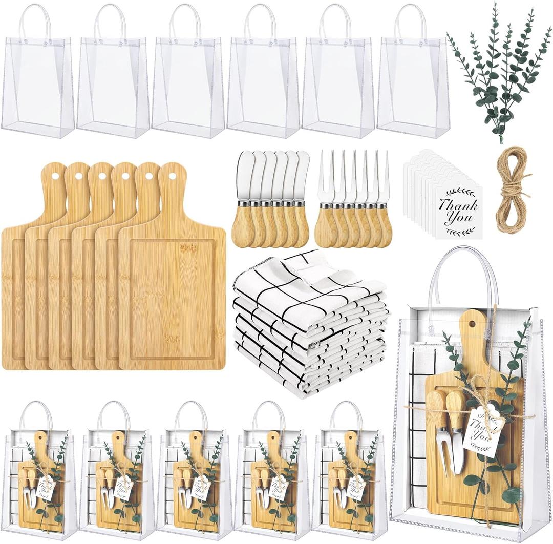 6 Sets Baby Shower Prizes for Game Winners Square Wood Cheese Board Gift with Knives Spoons Gift Bags Kitchen Towels Bridal Shower Party Favors for Guests (Beige Color)