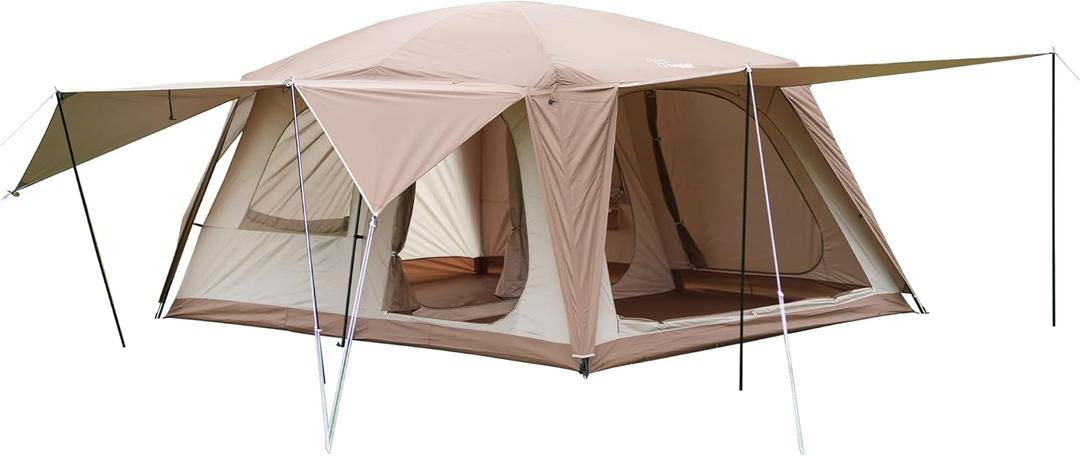 Vidalido 8-10 Person Camping Tent with 3 Door 2 Room Large Family Cabin Tents, Double Layer Waterproof Portable Glamping Tent, Big Tents for Outdoor Picnic Camping Hiking and Family Gathering (Light Brown (upgrade))
