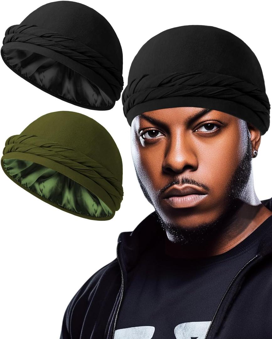 BEACE Silk Satin Lined Pre-Tied Turban Durag Head Wrap for Men & Women, Halo Turban Skull Cap Bonnet Hair Cover for Sleeping (X-Large, Black/Green)