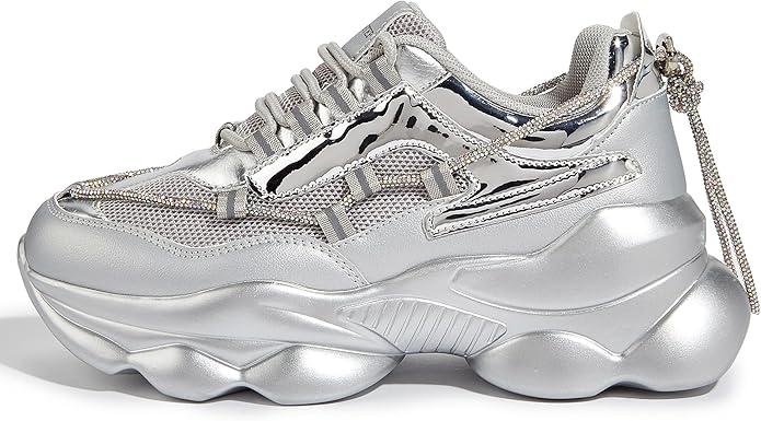 LUCKY STEP Women's 90s Chunky Sneakers Sparkly Bling Rhinestone Rope Platform Casual Thick Dad Rave Walking Shoes, 7