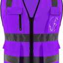 High Visibility Safety Vest ANSI Class 2 Reflective Work Vest with 7 Pockets Construction Vest for Men (Purple, M)