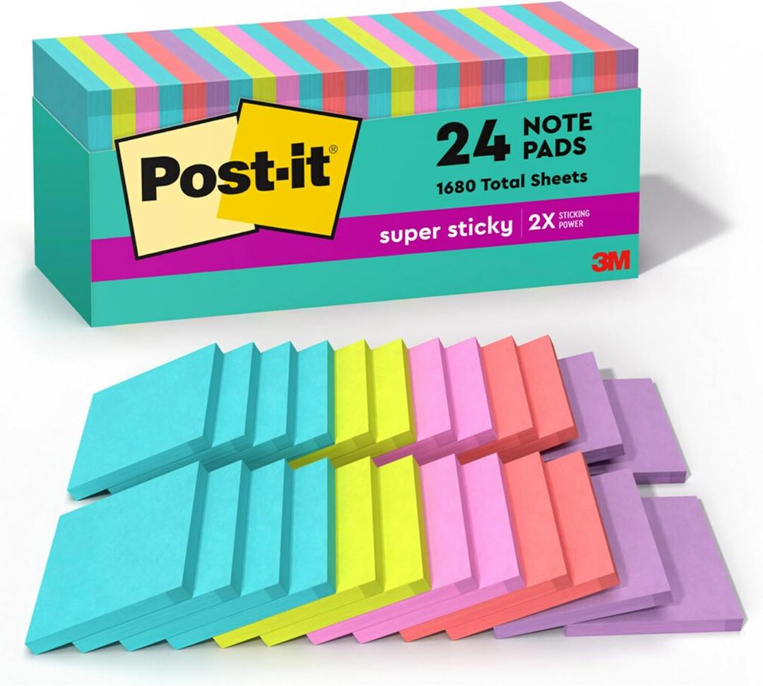 Post-it Super Sticky Notes, 24 Sticky Note Pads, 3 x 3 in., School Supplies, Office Products, Sticky Notes for Vertical Surfaces, Monitors, Walls and Windows, Supernova Neons Collection