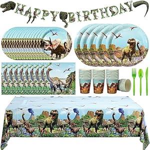 Seewey 171 Pieces Dinosaur Party Supplies Dinosaur Party Decorations Dinosaur Theme Birthday Tableware Dinosaur Party Tablecloth Dino Plates Napkins Cup Forks Banner for 24 Guests