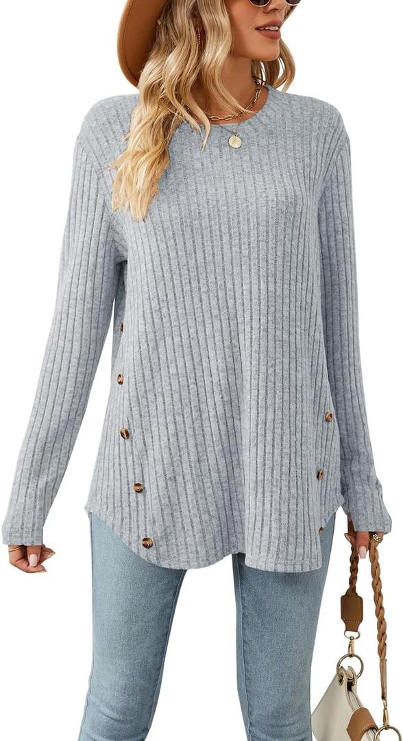 Lafural Womens Long Sleeve Tops Tunic Fall Shirts Women Sweaters Crew Neck Button (Gray, S)