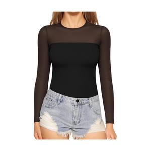 MANGOPOP Sheer Long Sleeve Shirts for Women Crew Neck Fitted Mesh Tops Trendy Going Out Fall Fashion Tee Tops 2025, XXL