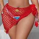 ZAFUL Crochet Sarong Coverups for Women Beach Vacation Starfish See Thru Tie Side Bathing Suit Cover Up Mini Skirt (Red)
