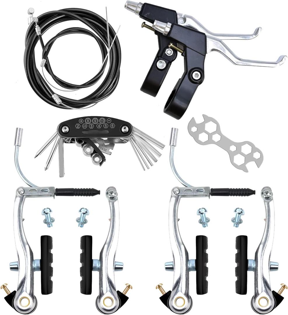V-Type Bike Brake Set, Complete Universal Bike Front and Rear MTB Brake, Bicycle Brakes, Inner and Outer Cables, Include Brakes Lever Calipers Multi-Tool Wrenches
