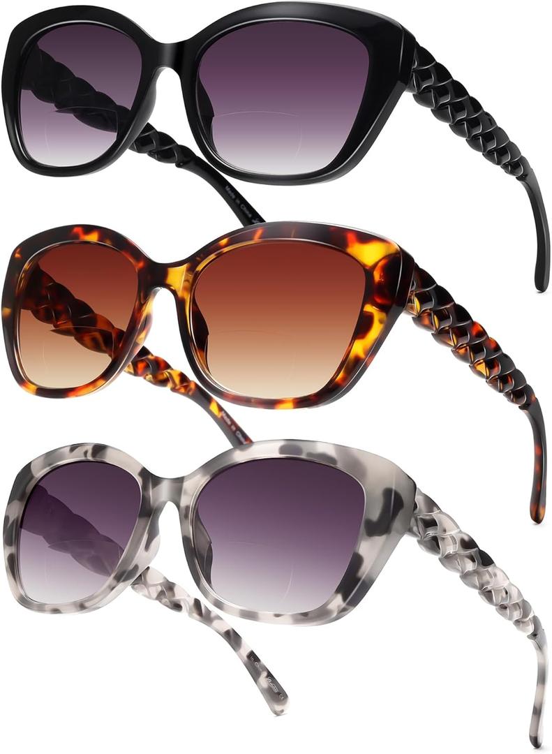 LADEESSE 3 Pack Bifocal Sunglasses For Women Stylish Reading Sun glasses for Women (Black+Tortoise+Grey)