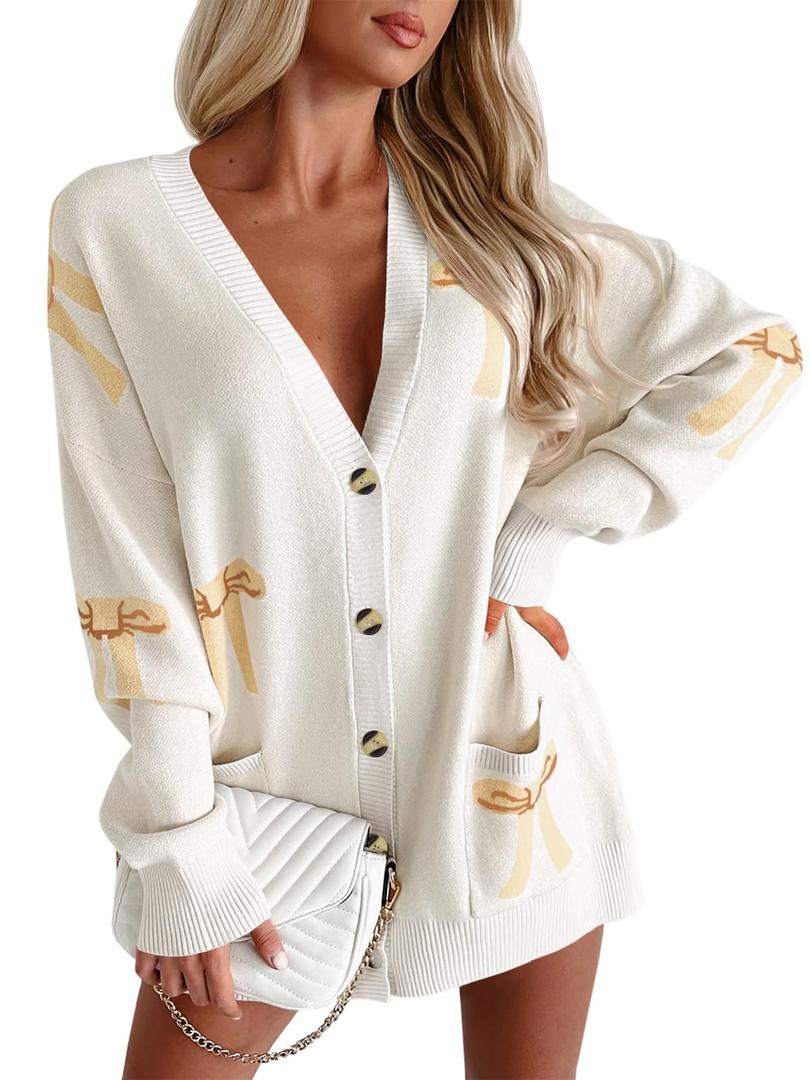 2 x Saodimallsu Womens Oversized Cardigan Sweaters Bow Printed Button V Neck Long Sleeve Loose Knit Fall Trendy Coats Khaki (Beige)