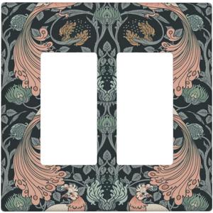 Rougui Decorative Outlet Covers William Morris Green Plant Boho Leaf Pink Peacocks 2 Gang Wall Plate Double Rocker Decora Light Switch Cover Plate Jumbo Dual Electrical GFCI Switch Plate Cover (2-Gang Rocker /4.6 x 4.5 IN)