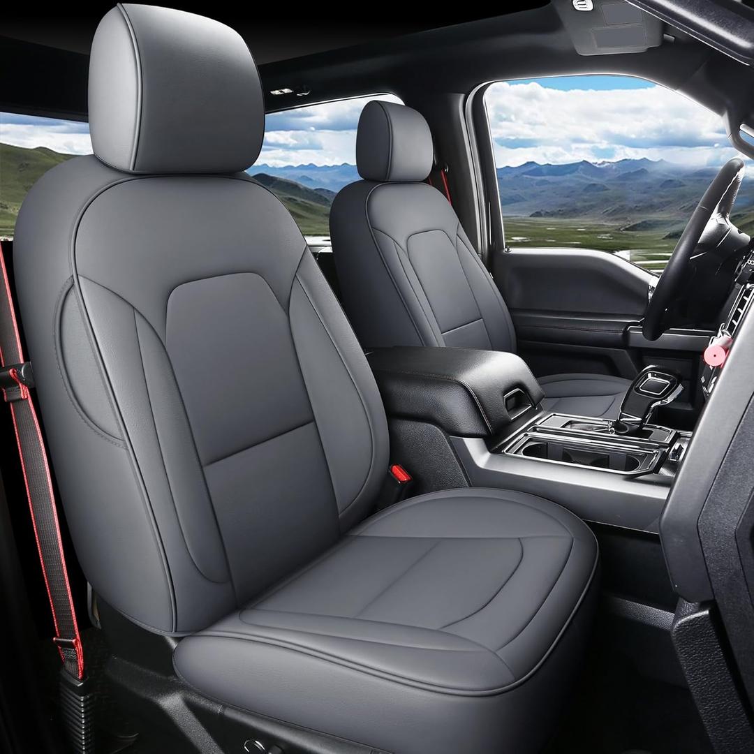 Coverado Car Seat Covers Full Set, Seat Covers for F150 Ford, Leather Seat Cover for Cars f150 Accessories Automotive Seat Covers Fit for 2015-2025 F150 and 2017-2025 F250 F350 F450(Gray)