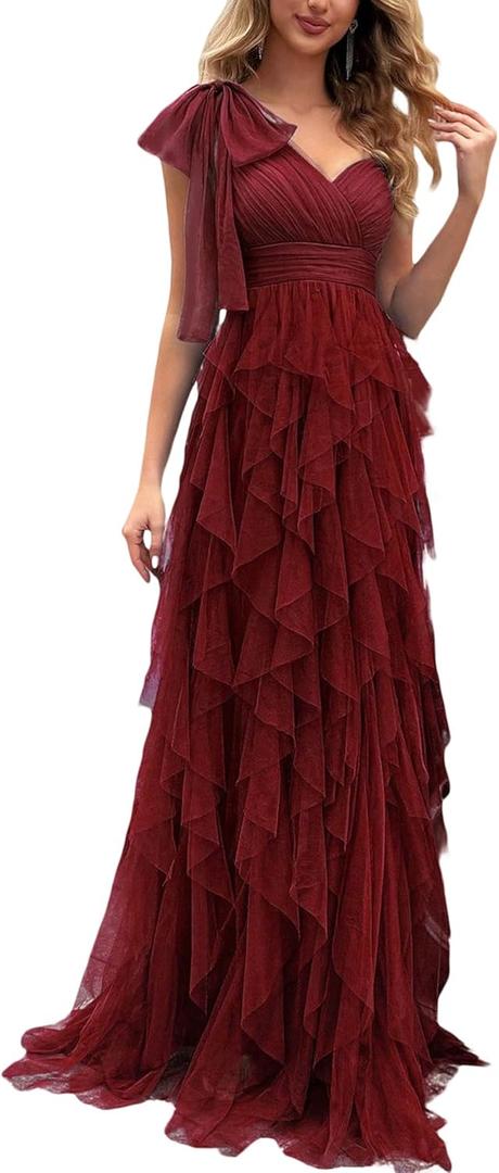 Summer Women Tulle Prom Dress Elegant Bow One Shoulder Slit Evening Party Gown Wedding Guest Bridesmaid Maxi Dress (Medium, #1 Wine Red)