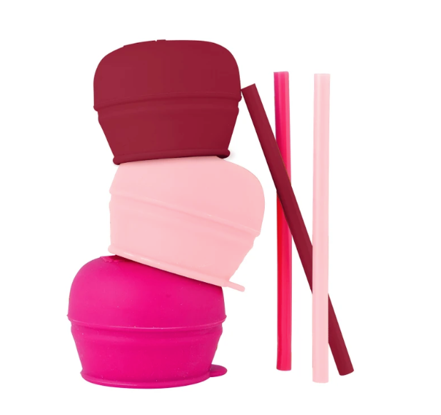 Boon Snug Straw Universal Silicone Straw Lids  Multi (3pk), Pink