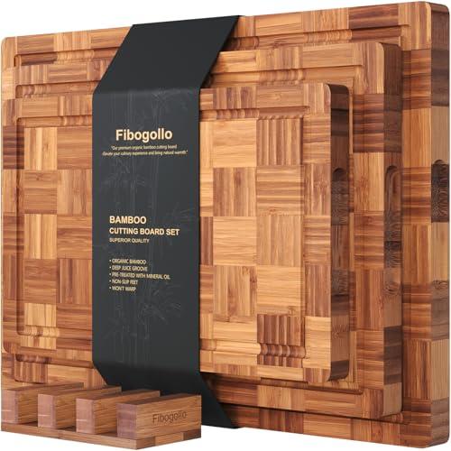 Fibogollo Bamboo Cutting Boards for Kitchen(Set of 3),Chopping Boards with Juice Groove,End Grain Serving Board with Holder,Bamboo Butcher Block for Meat,Vegetables,Fruit