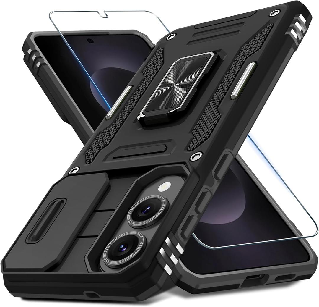 4 x DEERLAMN Case for Samsung Galaxy S25 Edge with Slide Camera Cover+Screen Protector (1 Pack), Rotated Ring Kickstand Military Grade Shockproof Protective Cover-Black (S25 Edge-6.7 Inch)