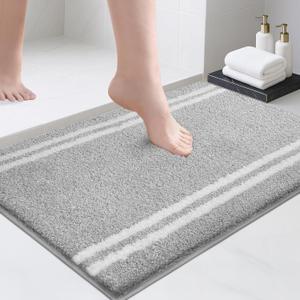PURRUGS Bathroom Rug Non-Slip Machine Washable 20" x 30", Super Absorbent and Quick Dry Shaggy Microfiber Bath Mat, Extra Soft and Plush Bath Rug for Bathtub, Shower, and Sink, Light Grey