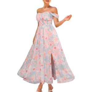 GRACE KARIN Summer Floral Dress for Women 2026,Off The Shoulder Smocked Bridesmaid Dresses,Formal Baby Shower Maxi Dresses (Large, Light Blue Pink)