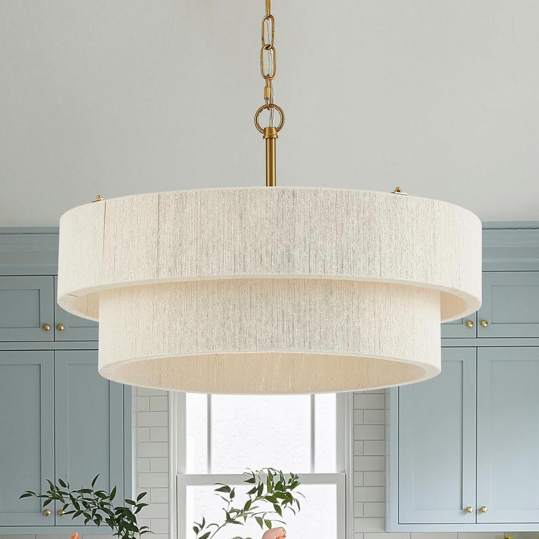 20”Hand Woven Rattan Chandelier Boho Pendant Light Adjustable Coastal Pendant Light for Kitchen Island Dining Living Room, White, UL Listed, 19.69 inches diameter x 7.42 inches height