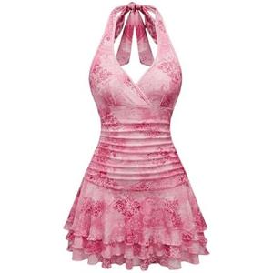 WDIRARA Women's Y2k Leopard Print Halter Dress Tie Backless Layered Ruffle Hem Mini Dresses Cheetah Mesh Dress XL