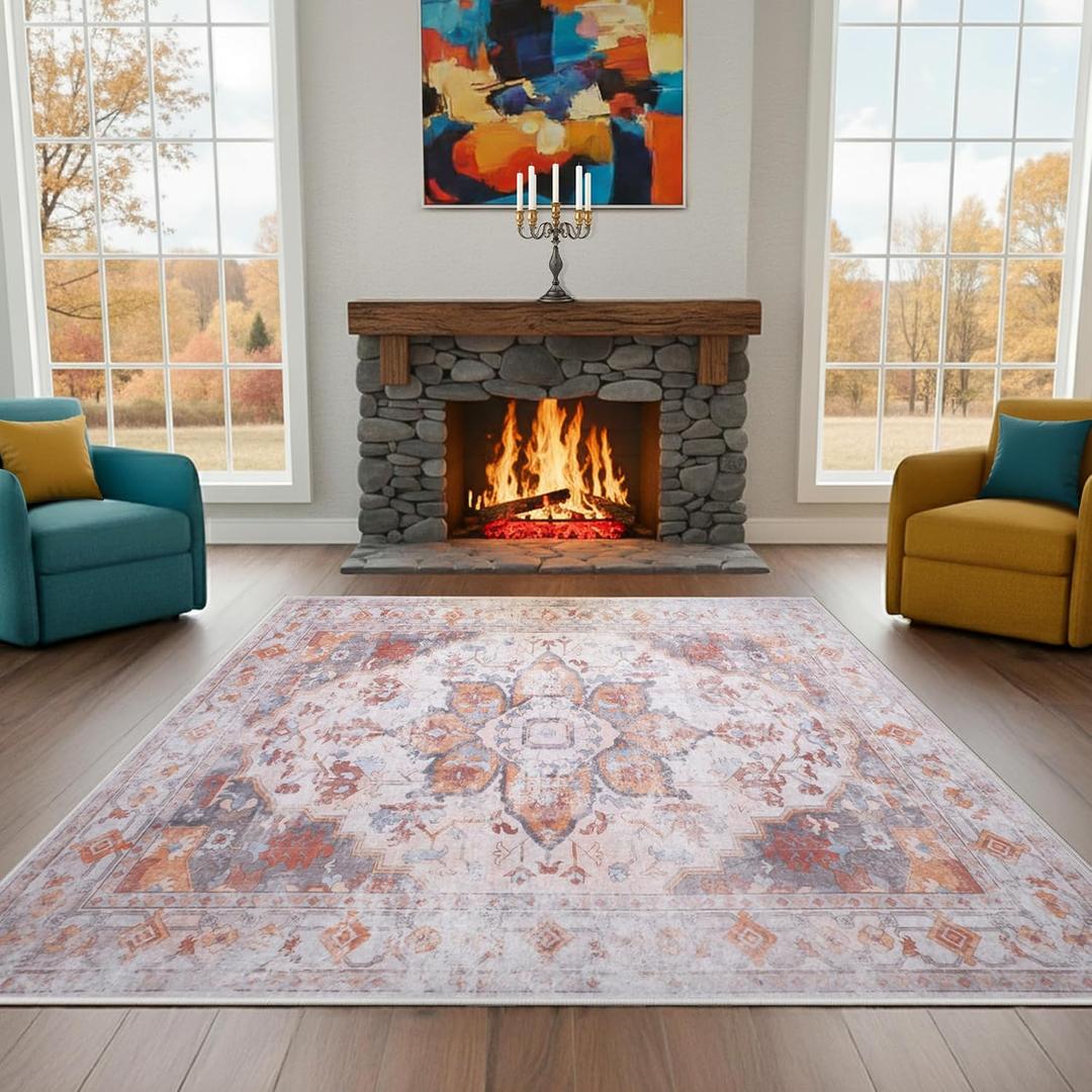 COTPOLY 4' x 6' Washable Area Rug Low Pile Cotton Non-Slip Terracotta