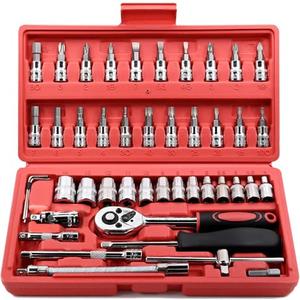 Egofine 46 Pieces 1/4 inch Drive Socket Ratchet Wrench Set, with Bit Socket Set Metric and Extension Bar for Auto Repairing and Household, with Storage Case
