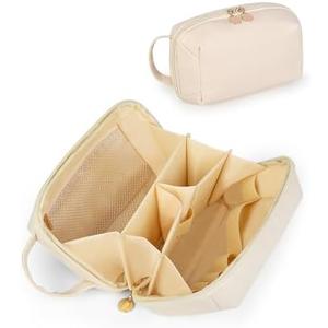 Soimeat Travel Makeup Bag Gift for Women, Soft PU Leather Cosmetic Bags, Waterproof Toiletry Bag, Portable Wide Open Pouch, Travel Cosmetic Bag with Divider and Handle, Medium, Beige