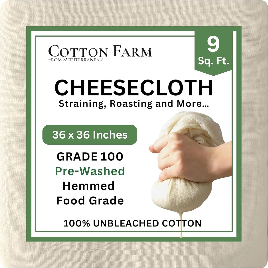 Cotton Farm Grade 100 XL Cheese Cloth for Straining & Cooking; 36x36 Inch; 100% Unbleached Cotton Cheesecloth; Reusable with Finished Edges, Butter Muslin