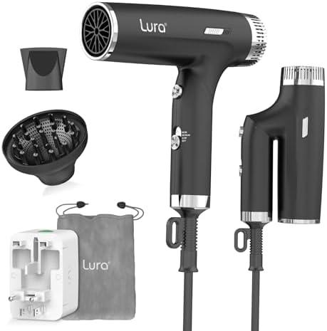 LURA Auto Dual Voltage Hair Dryer for International Travel,Travel HairDryers with Difffuser,Small Portable Blow Dryer for Women Lightweight,Compact Mini Blowdryers with Folding Hand for Kids(Black)