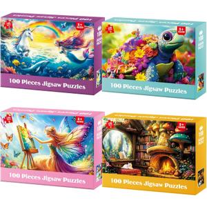 4 Packs 100 Piece Puzzles for Kids Ages 6-8 8-10, Fantasy Mermaid Unicorn Puzzle for Girls 4-6 Years Old Educational 100 Piece Large Jigsaw Puzzles, Kids Puzzles 4-6 Toys Gifts for Girls Boys