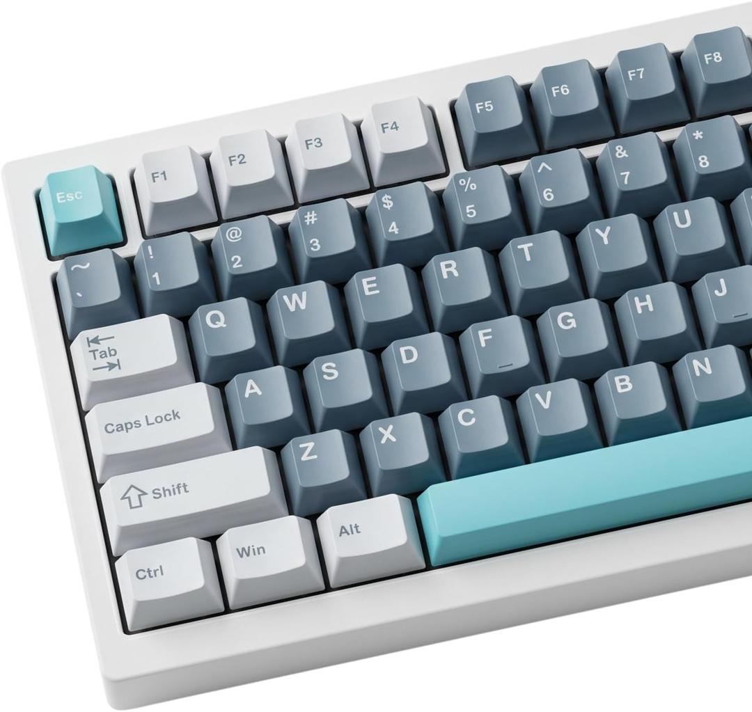 126 Keys PBT Double Shot Keycaps, Grey Blue Minimalist Keycap Set, Slate Cyan Cherry Profile Keycaps for Mechanical Keyboard 60% 65% 75% 100% Cherry MX Switches