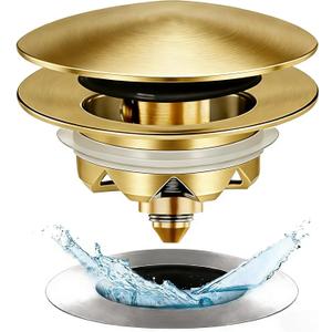 Bathtub Drain Stopper, Pop Up Tub Stopper and Cover, Bottom with Hair Catcher, Universal for 1.45 in to 1.8 in Drain, Replaces Old Drain Plug, Brushed Gold