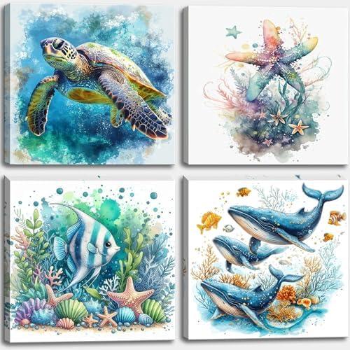 dgbtcart Ocean Wall Art Bathroom Decor – Watercolor Sea Turtle, Starfish Whale Canvas Prints – Coastal Beach Themed 4-Piece Set, 16x16 Modern Nautical Painting for Home, Bedroom, Kids Room