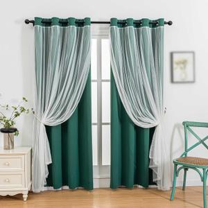 indistar Home Blackout Curtains Double Layer Solid Sheer Grommet Top Window Curtain Panel Pair, 52Wx63L,Dark Green