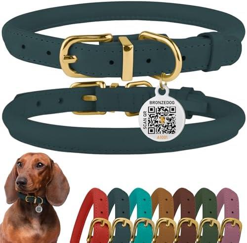 BRONZEDOG Rolled Leather Dog Collar with QR ID Tag Adjustable Soft Round Collars for Small Medium Large Dogs Puppy (7" - 10" Neck Size, Denim)