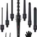 7 in 1 Curling Wand Set: Ohuhu Curling Iron Wand 7Pcs 0.35 to 1.25 Inch Interchangeable Ceramic Barrel Heat Protective Glove 2 Clips Dual Voltage Hair Curler for Girls Women Mother Gift Black