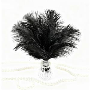 AceOrbit 24pcs Natural Black Ostrich Feathers 10-12inch with 12 Pack Faux Pearl Necklace Bulk Long Pearl Women's Jewelry 1920S Party Favor Centerpieces Wedding Bridal Shower Tea Birthday Decorations