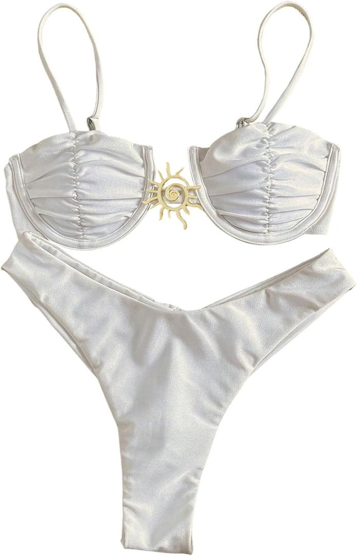 OYOANGLE Women's 2 Piece Tie Back Bikini Set Metal Decor Bathing Suit Ruched Underwire Swimsuit Swimwear (M)