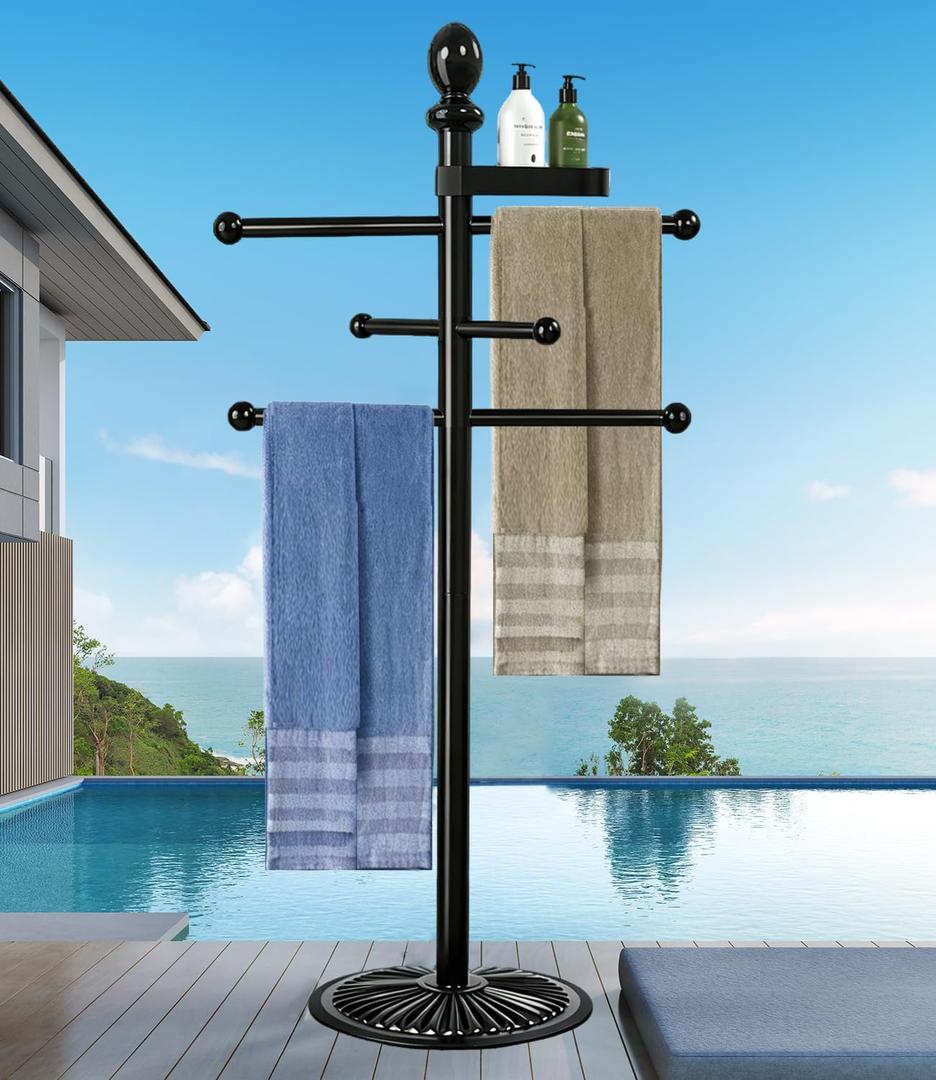 Pool Towel Rack Outdoor, 6 Bars with Top Tray Metal Heavy Duty Never Tilt Pool Accessories with Heavy Metal Base, Hot Tub Accessories Towel Dying Rack Towel Stand for Pool, Hot Tub