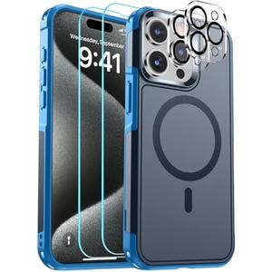 SUPFINE Magnetic for iPhone 15 Pro Case, [Compatible with MagSafe] [15FT Military Grade Drop Protection] [2pcs Tempered Glass Screen+Camera Lens Protector] Heavy Duty Shockproof Phone Case, Deep Blue