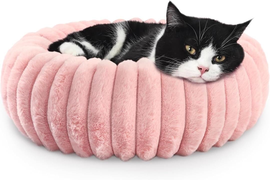 Cute Cat Beds for Indoor Cats - Cuddler Dog Beds for Small Dogs Washable with Anti Slip Bottom, Soft Cozy Comfort Donut Cushion for Puppy and Kitten, Blush Pink, 19x19x5 inches