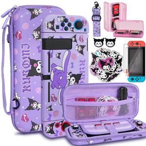 TIKOdirect Carrying Case for Switch, Cute Portable Bag Accessories with Soft Protective Case, Screen Protectors and Thumb Grip caps, Game Card Case 7in1, Purple K