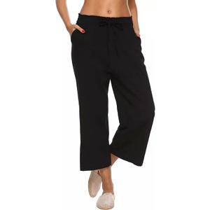 LNX Womens Linen Capri Pants Wide Leg High Waisted Drawstring Casual Cropped Pants with Pockets (Large, Black)