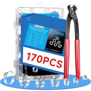 170 Pcs Single Ear Hose Clamps Kit, 11 Sizes 1/4"-1" (6mm-25.6mm), 304 Stainless Steel Crimp Hose Clamps with Pliers Fuel Line Clamps for Automotive, Plumbing, Garden Hose