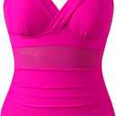 Womens One Piece Tummy Control Swimsuit with Skirt Retro Slimming Mesh Bathing Suit with Wrap Cover Up Set (Pink, L)